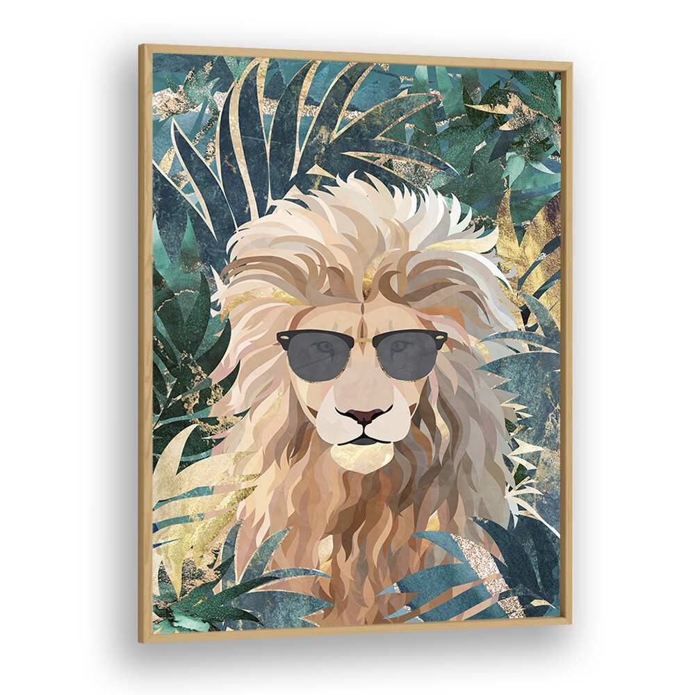 Cool Tropical Lion in Sunglasses By Sarah Manovski Wildlife Painting in Oak Wood Plain Frame