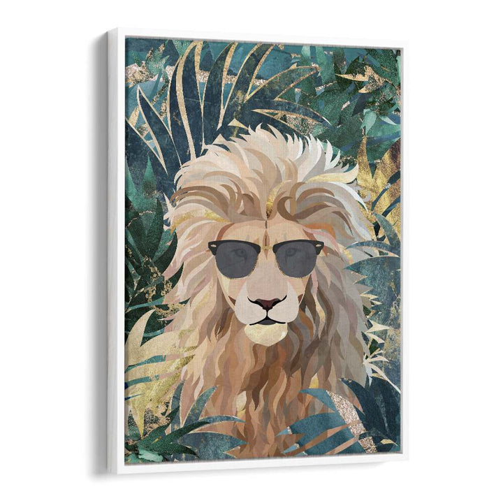 Cool Tropical Lion in Sunglasses By Sarah Manovski Wildlife Painting in White Floater Frame