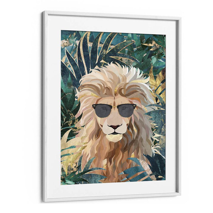 Cool Tropical Lion in Sunglasses By Sarah Manovski Wildlife Painting in White Frame With Mount