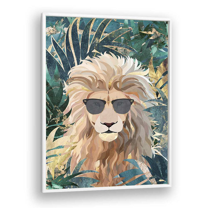 Cool Tropical Lion in Sunglasses By Sarah Manovski Wildlife Painting in White Plain Frame