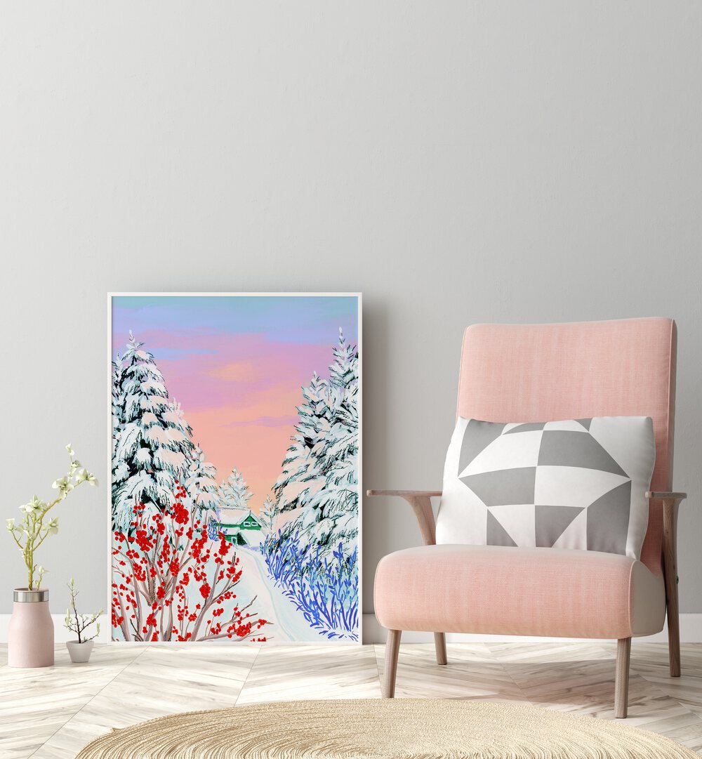 Copper Creek By Sarah Gesek Landscape Art Prints in White Plain Frame placed on the floor between a flower pot and chair