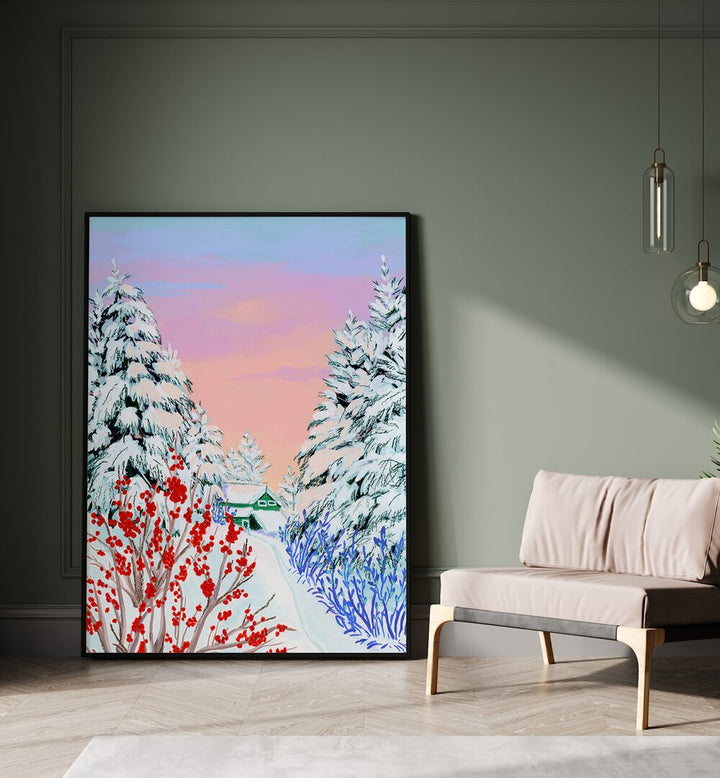 Copper Creek By Sarah Gesek Landscape Art Prints in Black Plain Frame placed on the floor beside a sofa