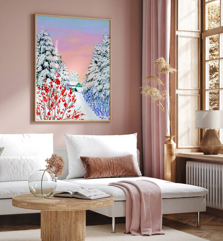 Copper Creek By Sarah Gesek Landscape Art Prints in Oak Wood Plain Frame placed on a living room wall beside a window and behind a sofa