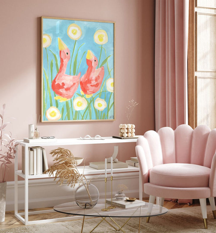 Coral Gees In The Garden By Ania Zwara Kids Room Paintings Kids Room Wallart in Oak Wood Plain Frame placed on a White Colored Wall near a Coffee Table in the Dining Room