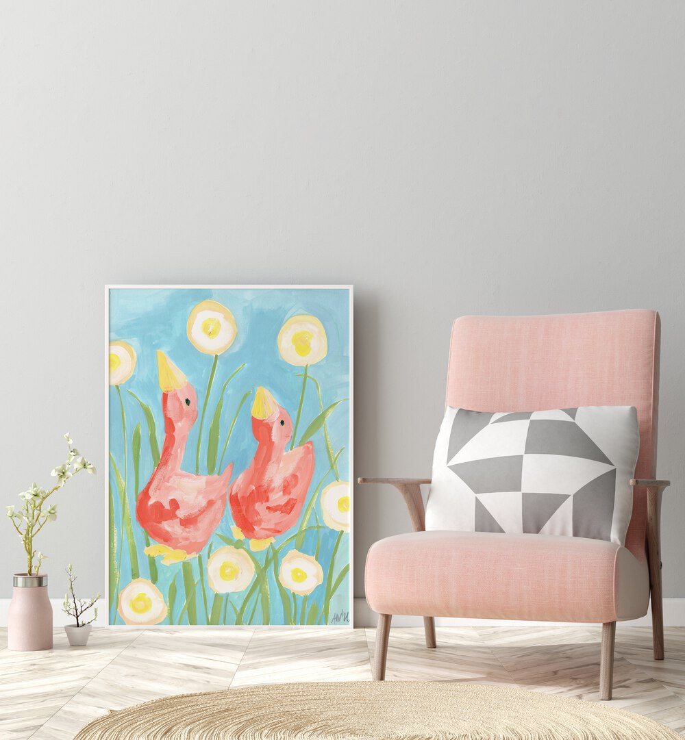 Coral Gees In The Garden By Ania Zwara Kids Room Paintings Kids Room Wallart in White Plain Frame placed on the floor near a Grey Colored Wall in the Drawing Room