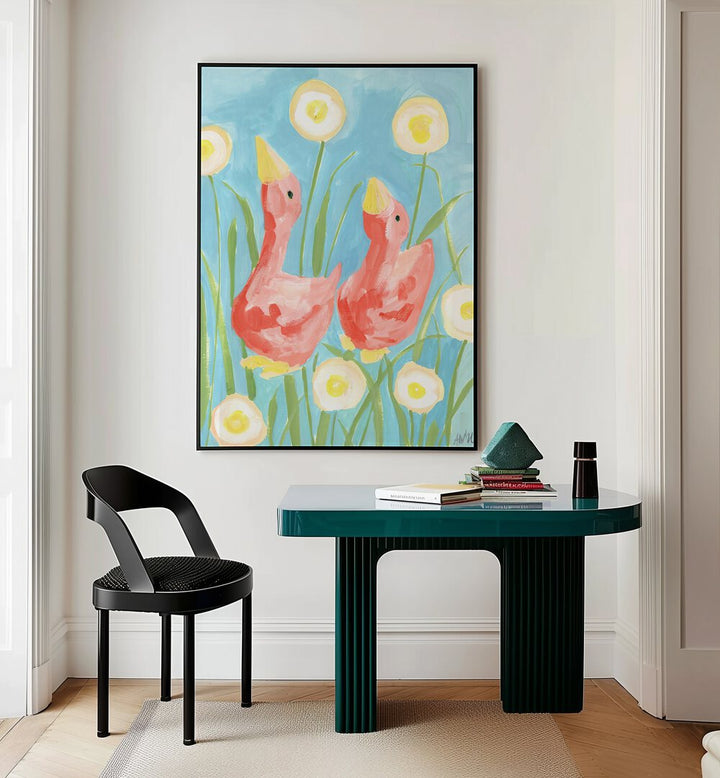 Coral Gees In The Garden By Ania Zwara Kids Room Paintings Kids Room Wallart in Black Plain Frame placed on a Cream Colored Wall near a Table in a Workspace in the Drawing Room