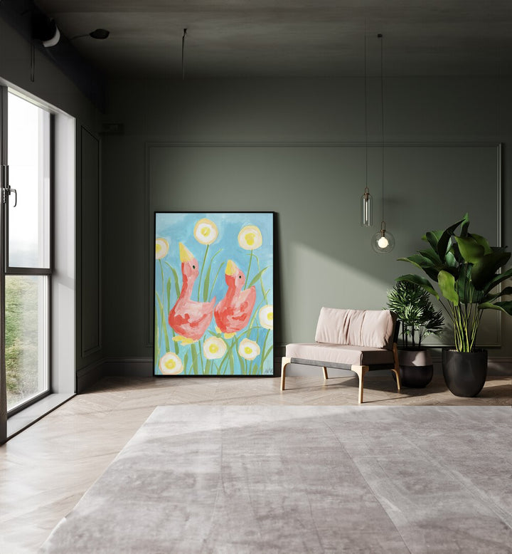 Coral Gees In The Garden By Ania Zwara Kids Room Paintings Kids Room Wallart in Black Plain Frame placed on the floor near a Green Colored Wall in the Drawing Room