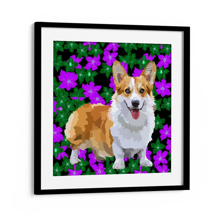 Corgi In Flowers By Lynnda Rakos Pop Art Paintings Pop Art Prints in Black Frame With Mount