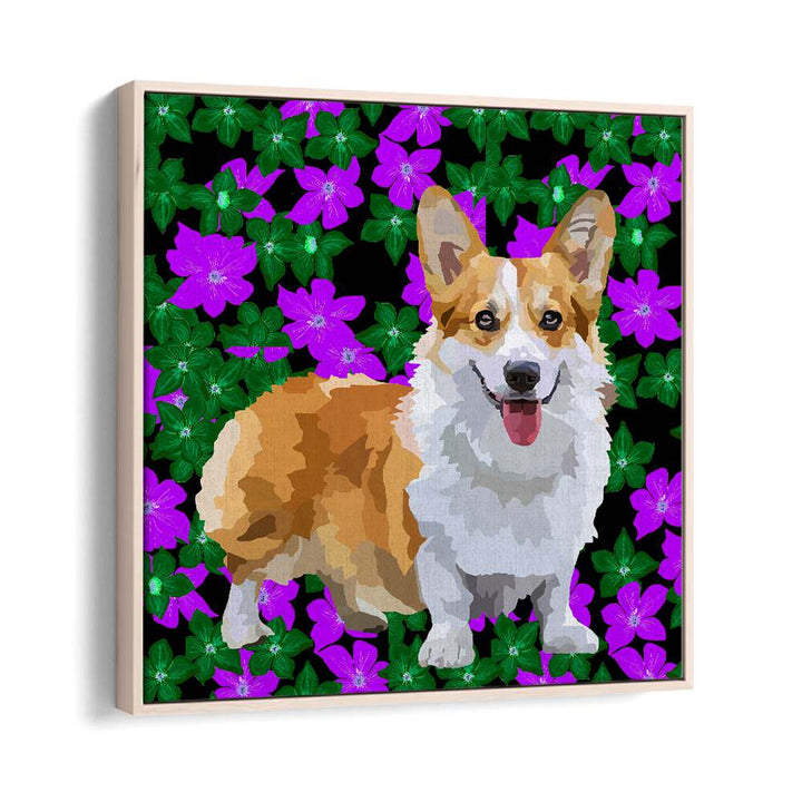 Corgi In Flowers By Lynnda Rakos Pop Art Paintings Pop Art Prints in Oak Wood Floater Frame