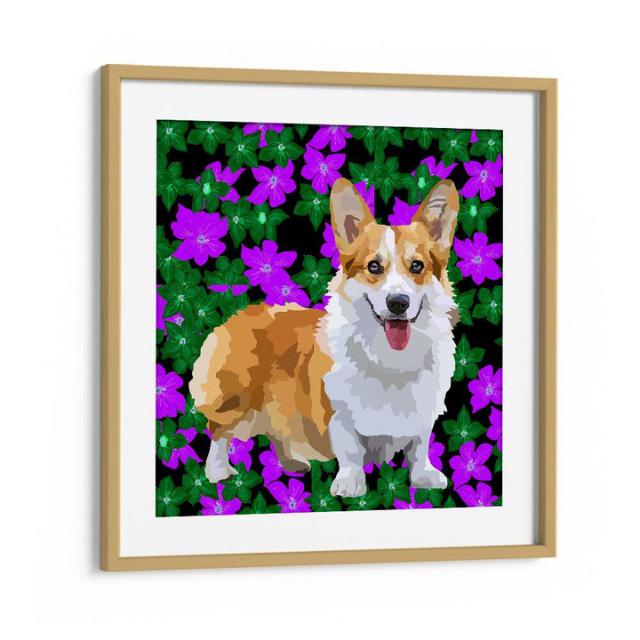 Corgi In Flowers By Lynnda Rakos Pop Art Paintings Pop Art Prints in Oak Wood Frame With Mount