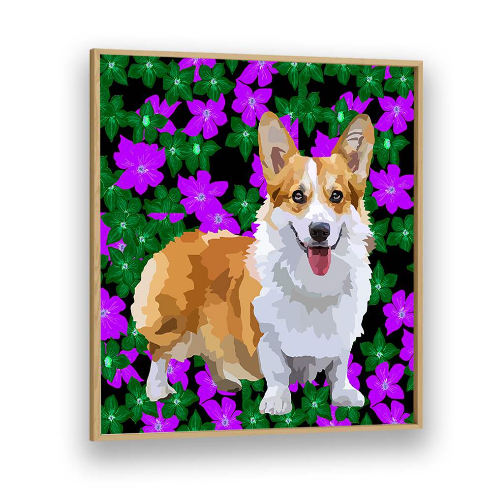 Corgi In Flowers By Lynnda Rakos Pop Art Paintings Pop Art Prints in Oak Wood Plain Frame