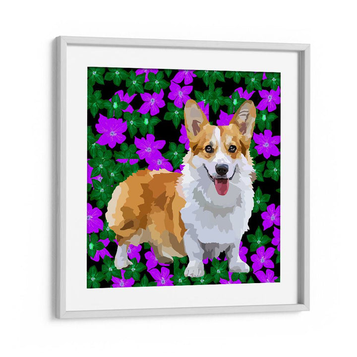 Corgi In Flowers By Lynnda Rakos Pop Art Paintings Pop Art Prints in White Frame With Mount