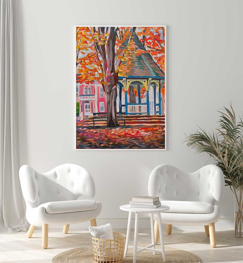 CORN HILL , LANDSCAPE PAINTINGS showing autumn gazebo, large tree and colorful Victorian houses in framed wall art