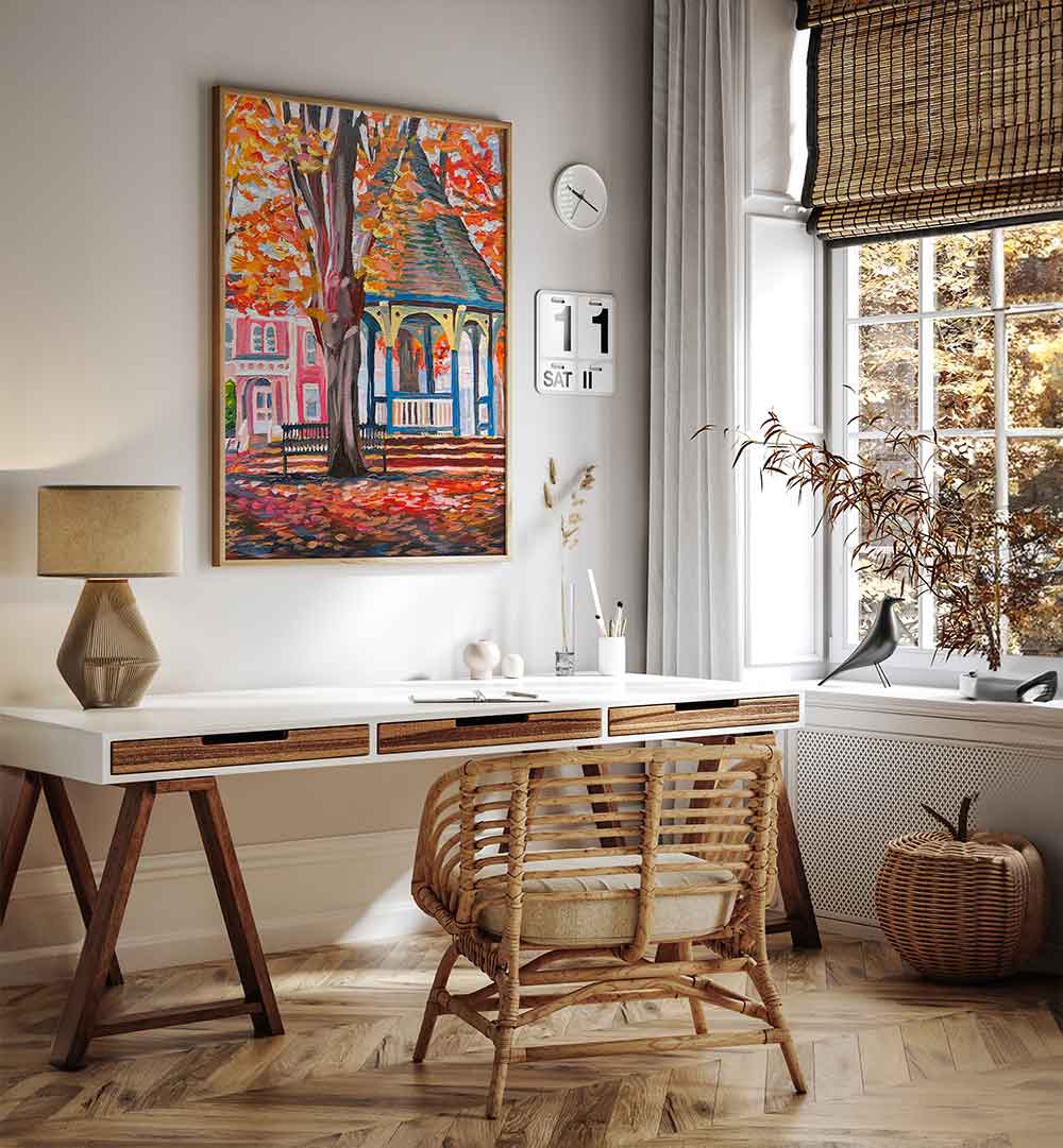 CORN HILL , LANDSCAPE PAINTINGS framed autumn gazebo scene above desk in cozy sunlit home office