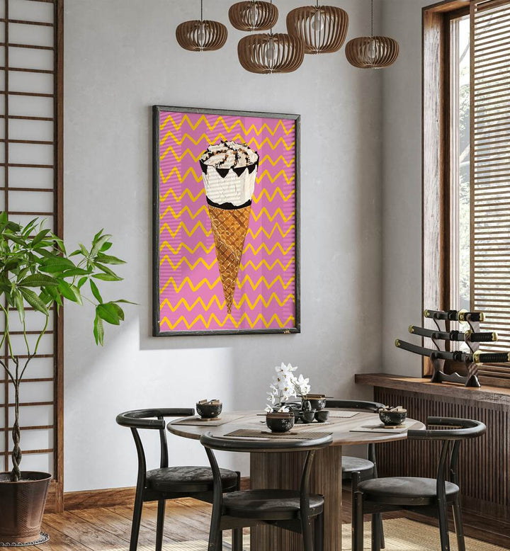 Cornetto Pink by Alice Straker Cafe Art Prints Cafe Posters in Black Plain Frame placed on a wall in a dining room area beside a window and behind a dining table