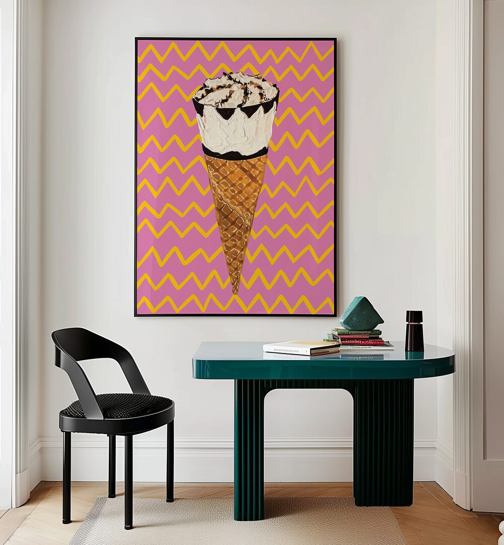 Cornetto Pink by Alice Straker Cafe Art Prints Cafe Posters in Black Plain Frame placed on a wall behind a study table