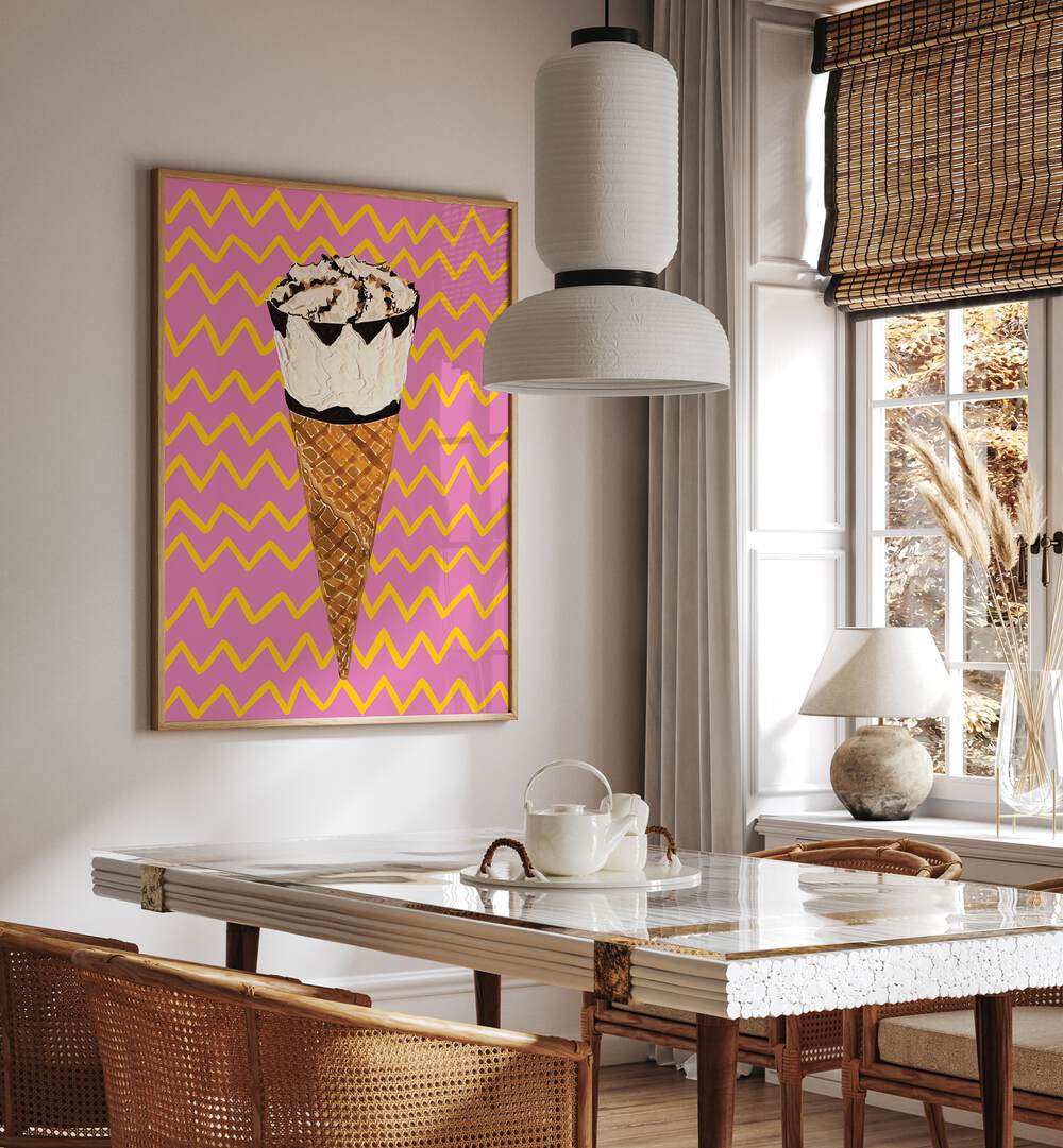 Cornetto Pink by Alice Straker Cafe Art Prints Cafe Posters in Oak Wood Plain Frame placed on a wall in a dining room area beside a window and behind a dining table