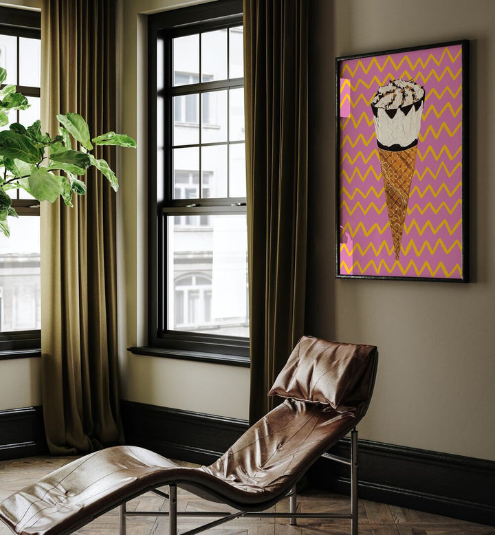 Cornetto Pink by Alice Straker Cafe Art Prints Cafe Posters in Black Plain Frame placed on a living room wall behind a chair and beside a window