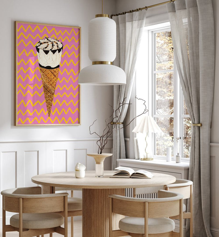 Cornetto Pink by Alice Straker Cafe Art Prints Cafe Posters in Oak Wood Plain Frame placed on a wall in a dining room area beside a window and behind a dining table