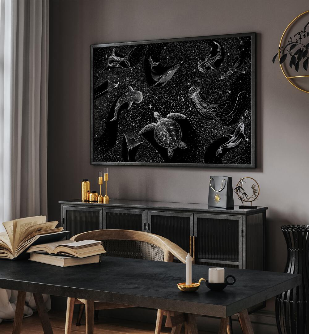 Cosmic Ocean Black Version By Aliriza Cakir Surreal Paintings Surreal Art in Black Plain Frame placed on a Dark Grey Colored Wall above a Console Table Near A Study Desk in the Drawing Room