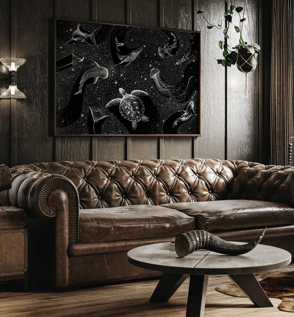 Cosmic Ocean Black Version By Aliriza Cakir Surreal Paintings Surreal Art in Dark Wood Plain Frame Placed on a Wooden Textured Wall near a Brown Sofa in the Living Room