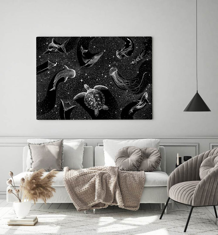 Cosmic Ocean Black Version By Aliriza Cakir Surreal Paintings Surreal Art in Gallery Wrap placed on a White Colored Wall near a White Sofa in the Living Room