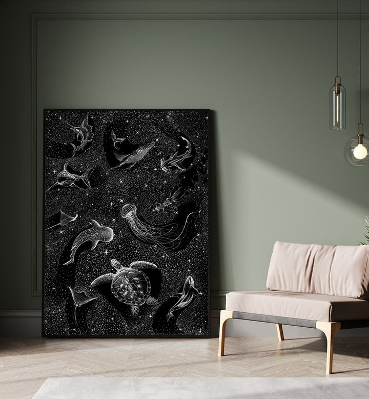 Cosmic Ocean Black Version II By Aliriza Cakir Surreal Paintings Surreal Art in Black Plain Frame placed on the floor near a Green Colored Wall in the Drawing Room