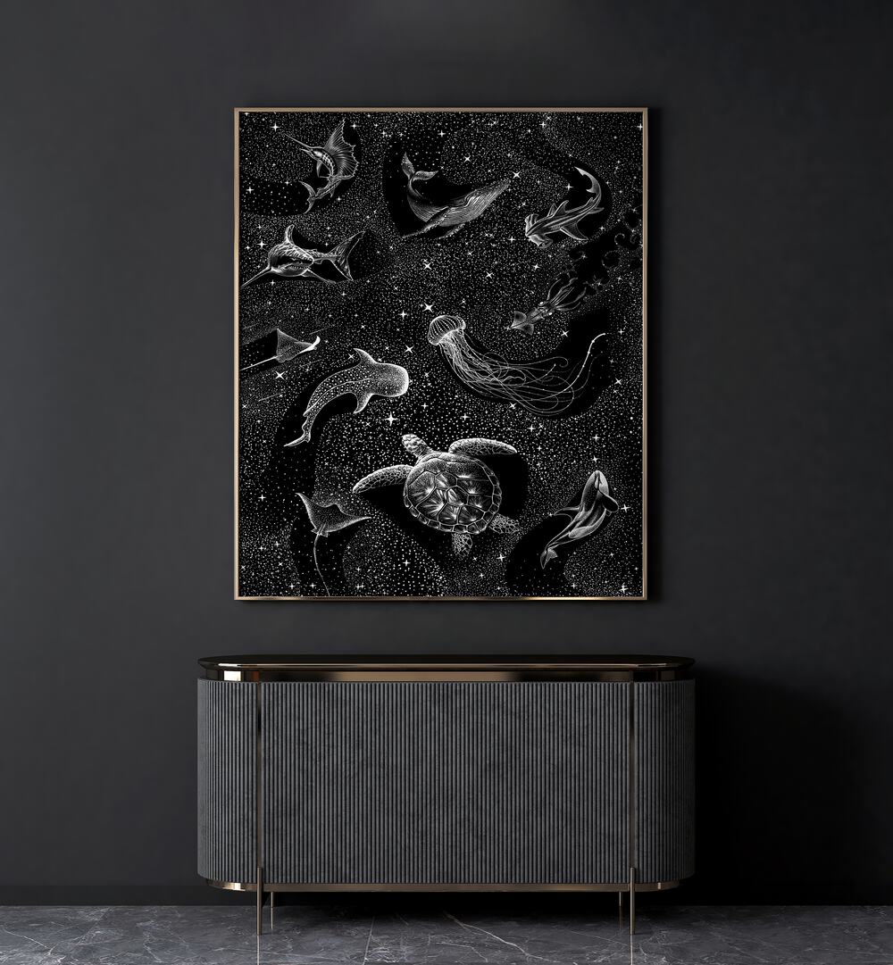 Cosmic Ocean Black Version II By Aliriza Cakir Surreal Paintings Surreal Art in Gold Plain Frame placed on a Dark Grey Colored Wall above a Console Table in the Living Room