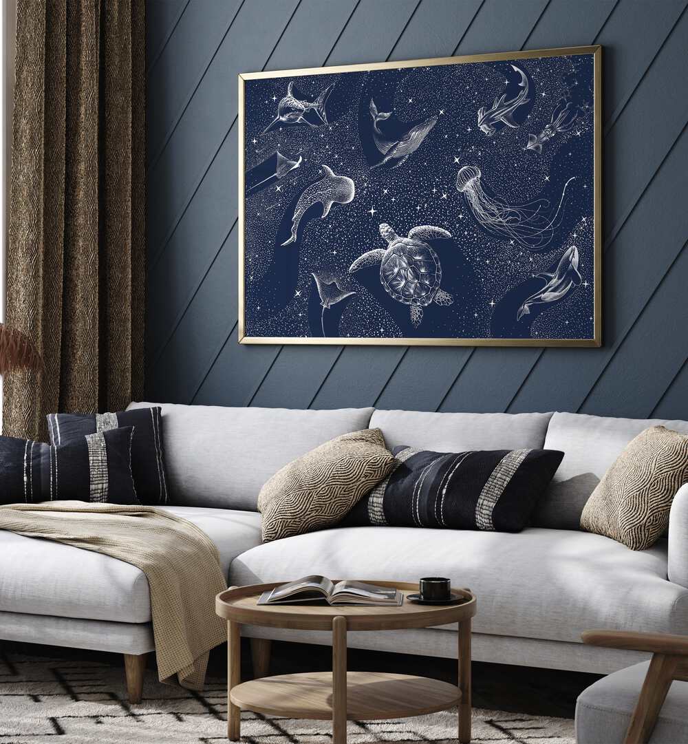 Explore the COSMIC OCEAN III, SURREAL ART PRINTS by Aliriza Çakir, featuring enchanting marine life in a cosmic setting.
