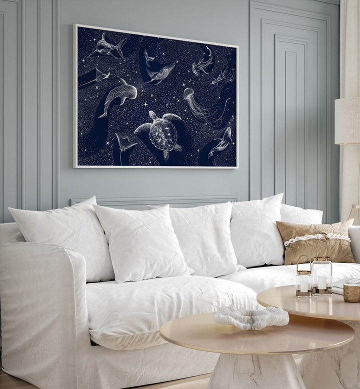 Discover COSMIC OCEAN III, SURREAL ART PRINTS by Aliriza Çakir, featuring mesmerizing oceanic creatures in cosmic art.