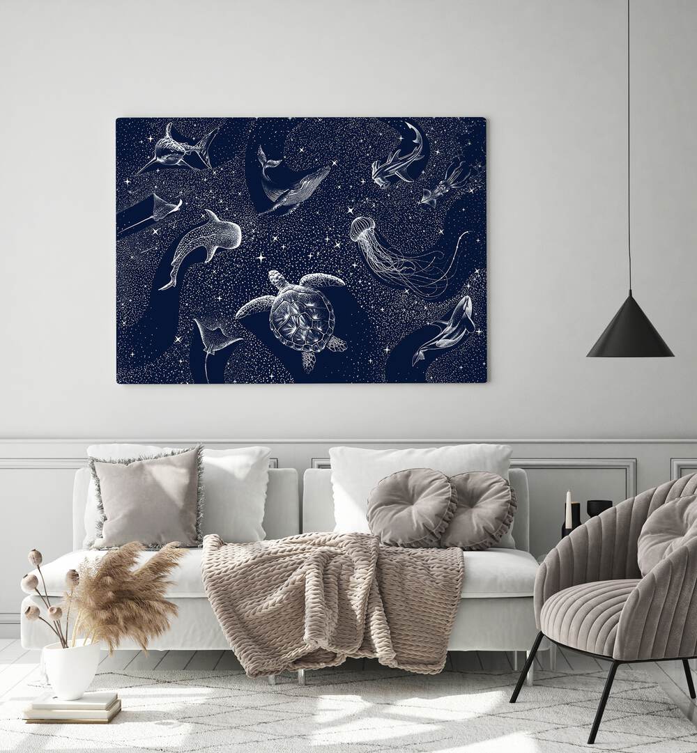 Explore the enchanting COSMIC OCEAN III, SURREAL ART PRINTS by Aliriza Çakir, showcasing mesmerizing marine life.