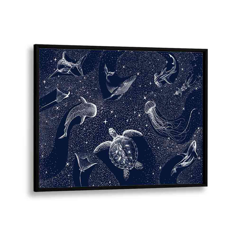 Explore the COSMIC OCEAN III, SURREAL ART PRINTS featuring enchanting marine life in a starry abyss by Aliriza Çakir.