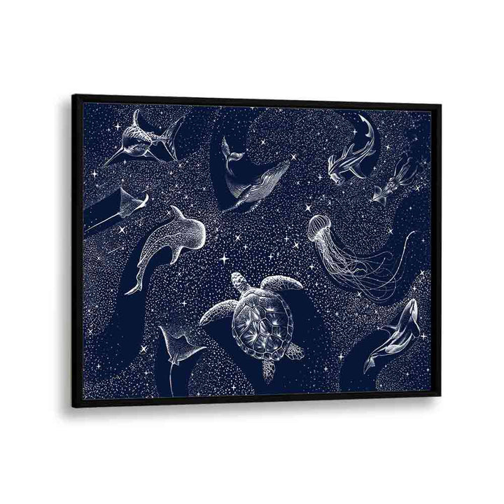 Explore the COSMIC OCEAN III, SURREAL ART PRINTS featuring enchanting marine life in a starry abyss by Aliriza Çakir.