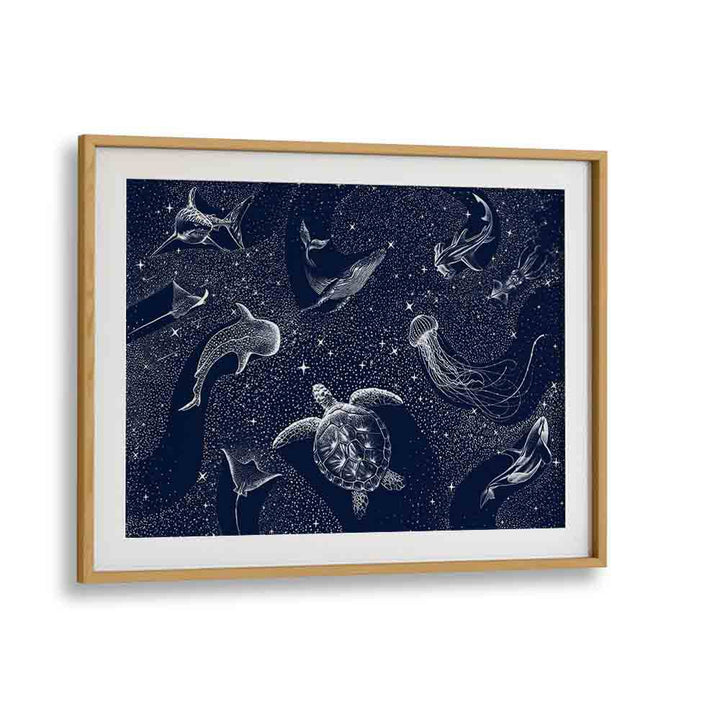 COSMIC OCEAN III, SURREAL ART PRINTS feature enchanting marine life in a starry design, framed beautifully by Aliriza Çakir.