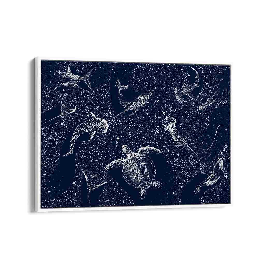 Unveil the magic of COSMIC OCEAN III, SURREAL ART PRINTS featuring enchanting sea creatures in a starry deep ocean.