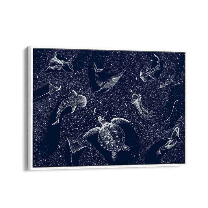 Unveil the magic of COSMIC OCEAN III, SURREAL ART PRINTS featuring enchanting sea creatures in a starry deep ocean.