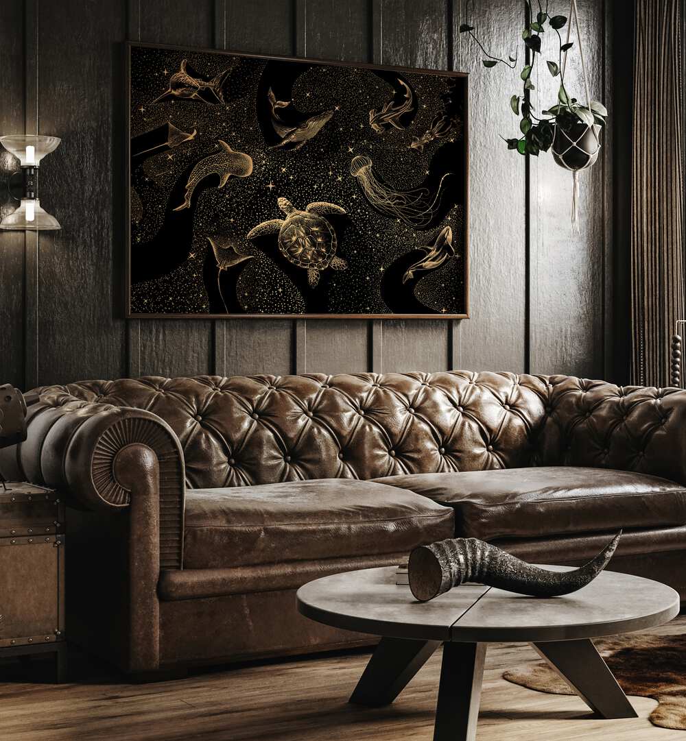 Transform your space with COSMIC OCEAN DARK GOLD, SURREAL ART PRINTS by Aliriza Çakir, a mesmerizing visual journey.