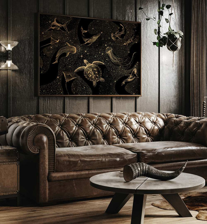 Transform your space with COSMIC OCEAN DARK GOLD, SURREAL ART PRINTS by Aliriza Çakir, a mesmerizing visual journey.
