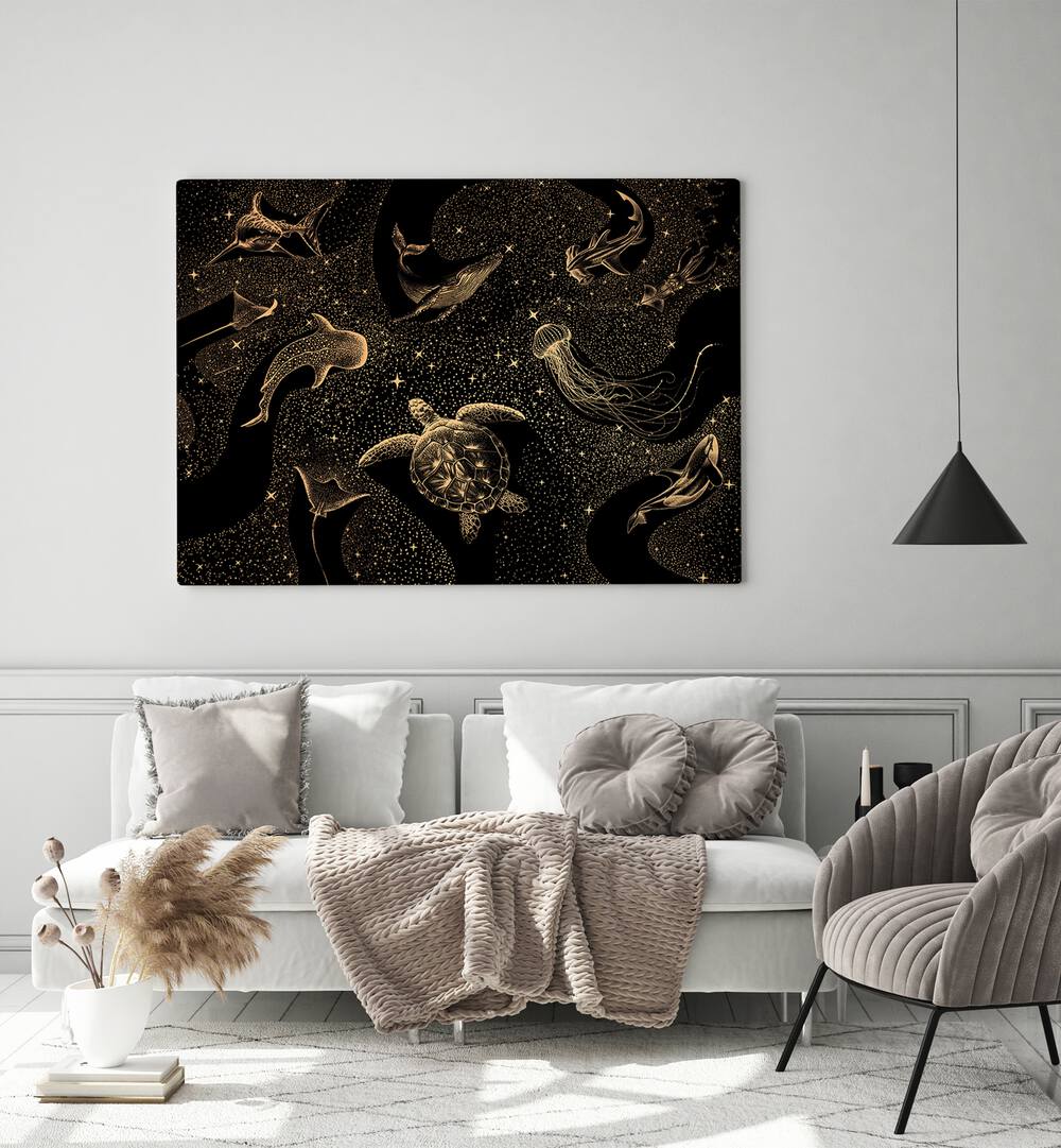 Surreal art prints featuring a cosmic ocean in dark gold, showcasing enchanting marine life by Aliriza Çakir.