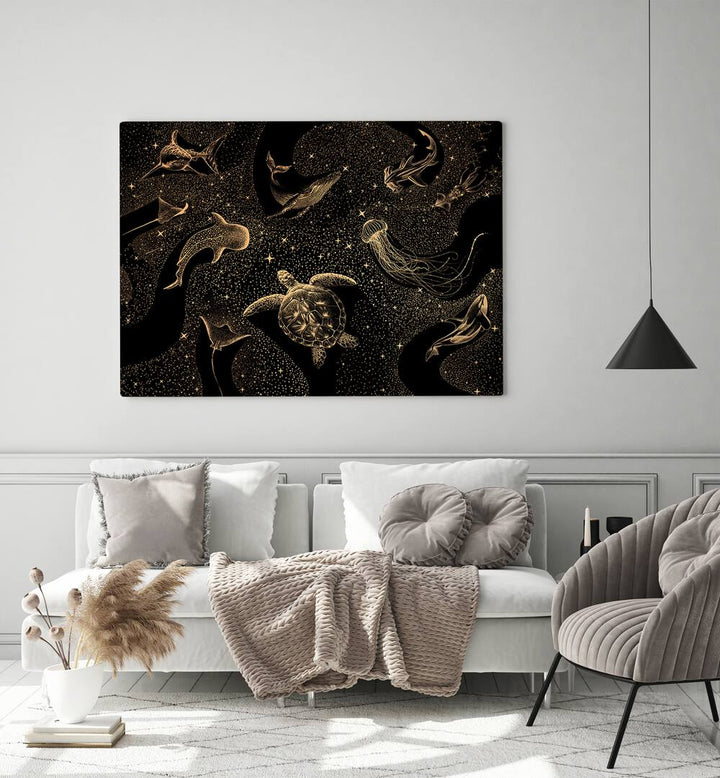 Surreal art prints featuring a cosmic ocean in dark gold, showcasing enchanting marine life by Aliriza Çakir.
