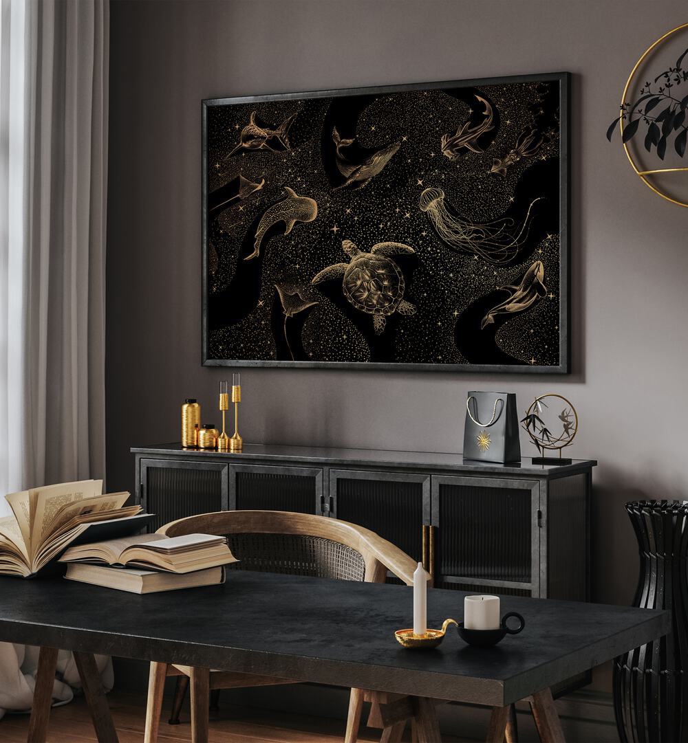 COSMIC OCEAN DARK GOLD, SURREAL ART PRINTS by Aliriza Çakir, showcasing mesmerizing marine life on a dark background.