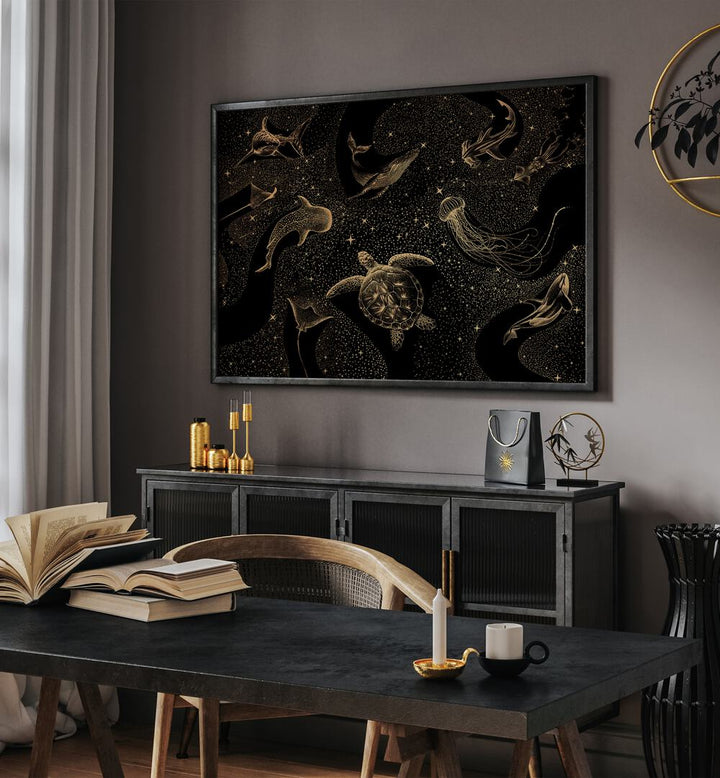 COSMIC OCEAN DARK GOLD, SURREAL ART PRINTS by Aliriza Çakir, showcasing mesmerizing marine life on a dark background.