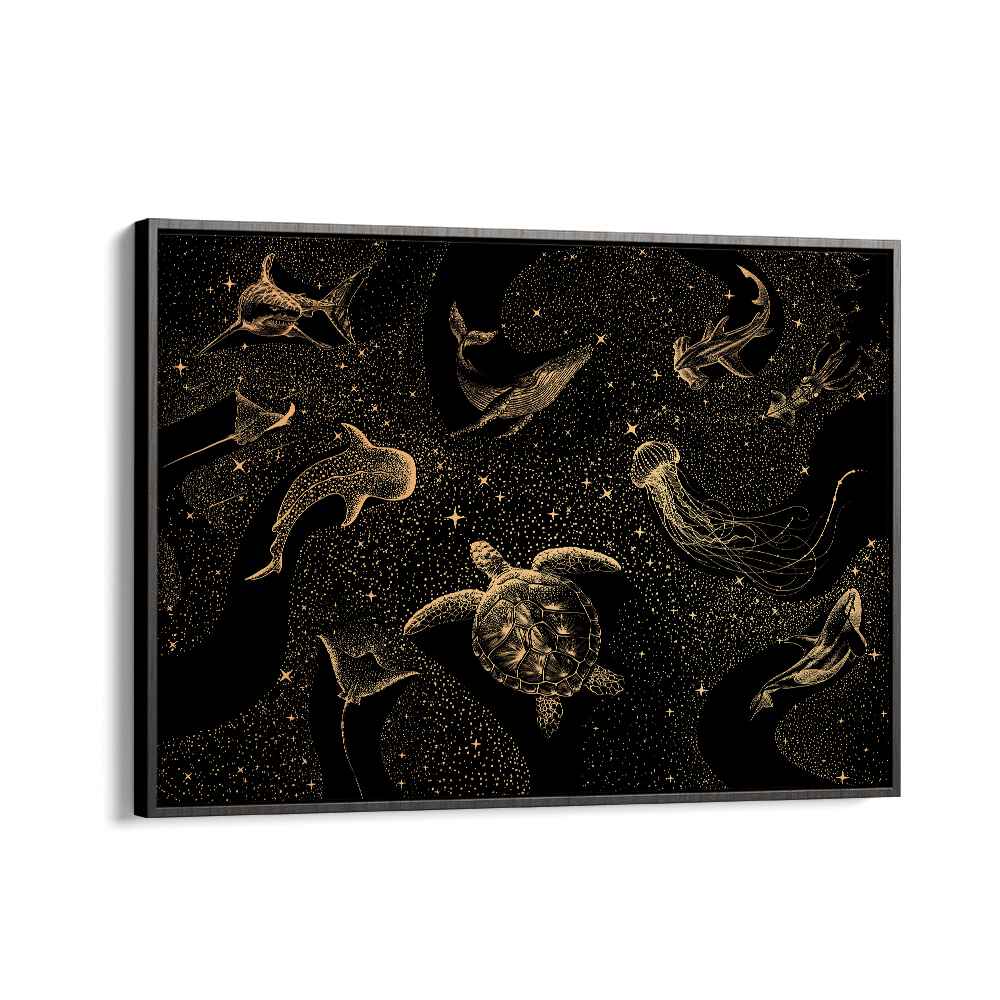 Surreal art print "COSMIC OCEAN DARK GOLD" by Aliriza Çakir featuring aquatic life on a starry background.