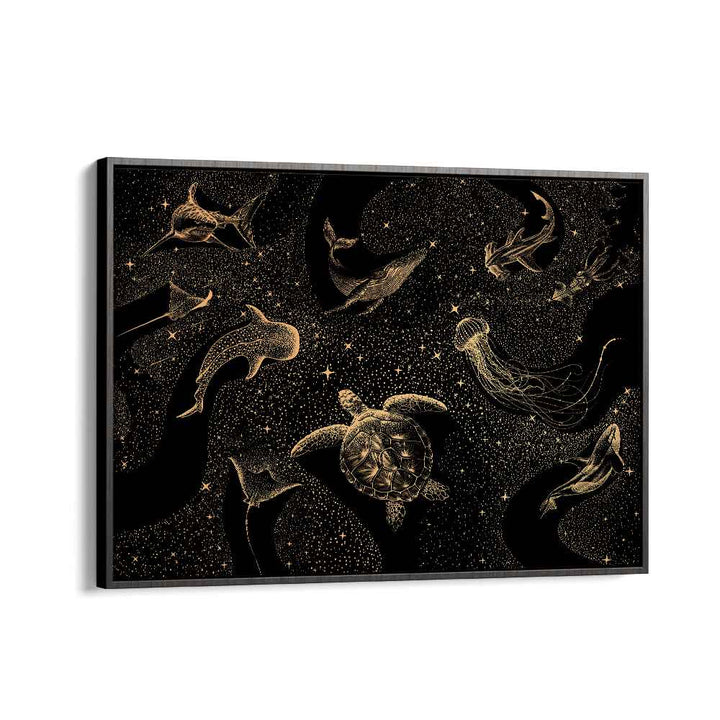 Surreal art print "COSMIC OCEAN DARK GOLD" by Aliriza Çakir featuring aquatic life on a starry background.