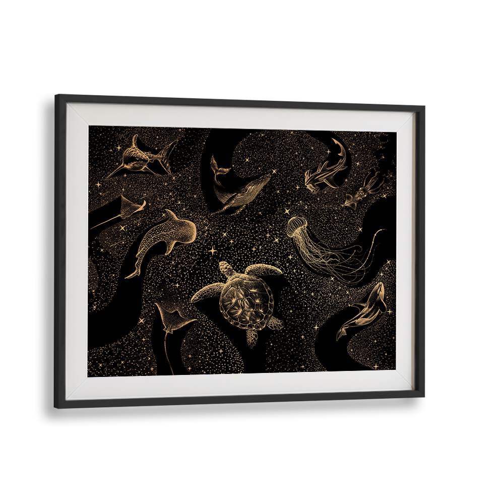 Surreal art prints featuring Cosmic Ocean Dark Gold by Aliriza Çakir, showcasing marine life in a dreamlike setting.