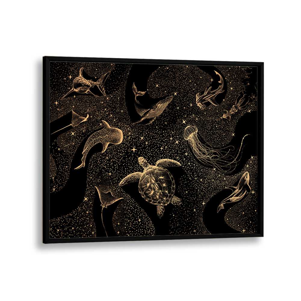 Surreal art prints showcasing the Cosmic Ocean Dark Gold by Aliriza Çakir, featuring marine life in a starry backdrop.