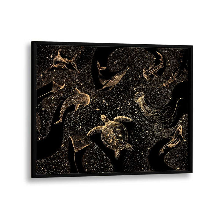 Surreal art prints showcasing the Cosmic Ocean Dark Gold by Aliriza Çakir, featuring marine life in a starry backdrop.