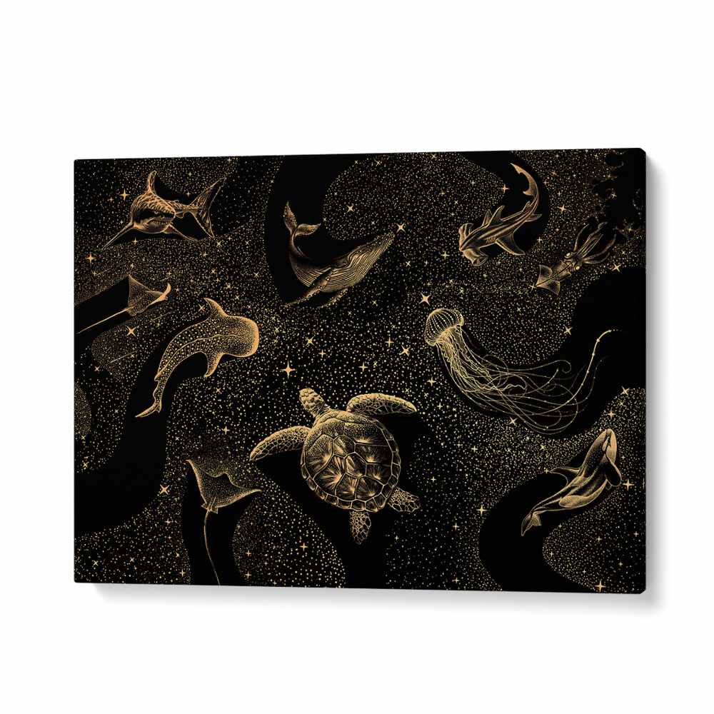 Surreal art print "COSMIC OCEAN DARK GOLD" by Aliriza Çakir, featuring enchanting sea creatures in a dreamlike setting.