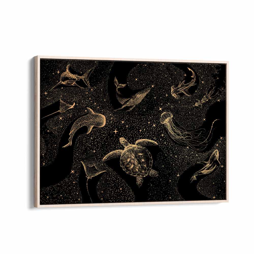 Surreal art print "COSMIC OCEAN DARK GOLD" by Aliriza Çakir, featuring marine life in a dreamlike cosmic setting.
