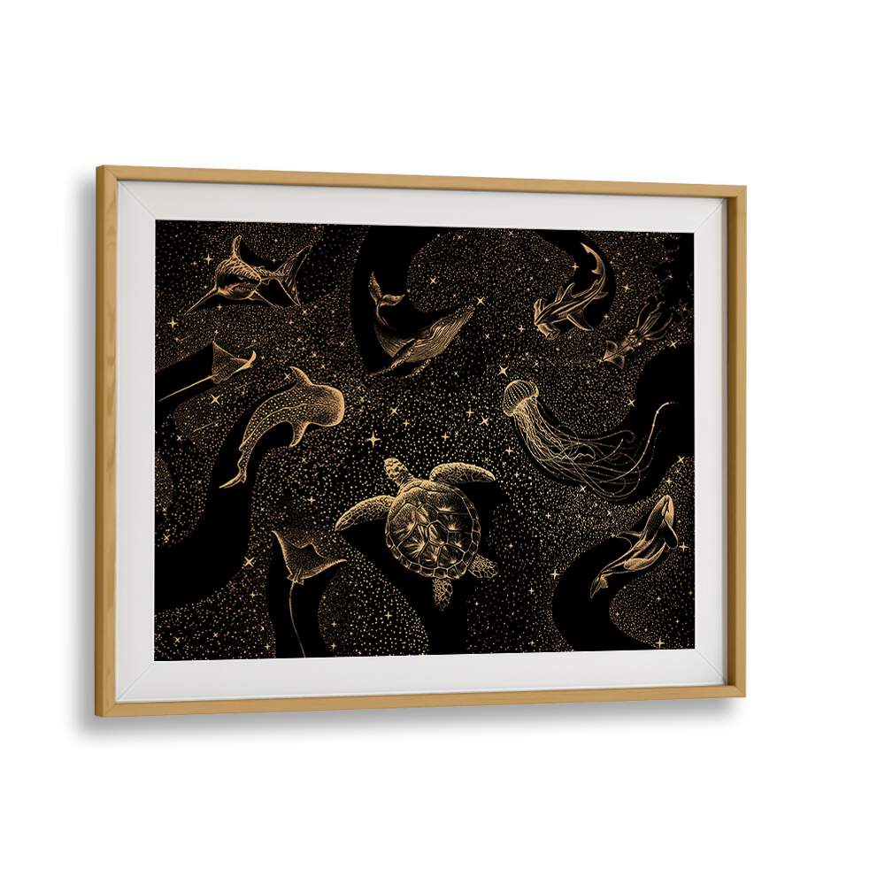 Surreal art prints featuring COSMIC OCEAN DARK GOLD by Aliriza Çakir, framed in oak, capturing dreamlike sea life.